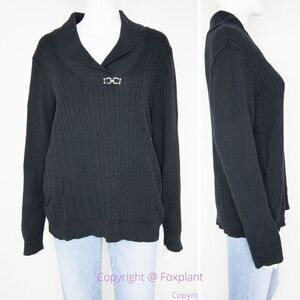 Karen Scott shawl collar black‎ cotton sweater with metal button, women's XL